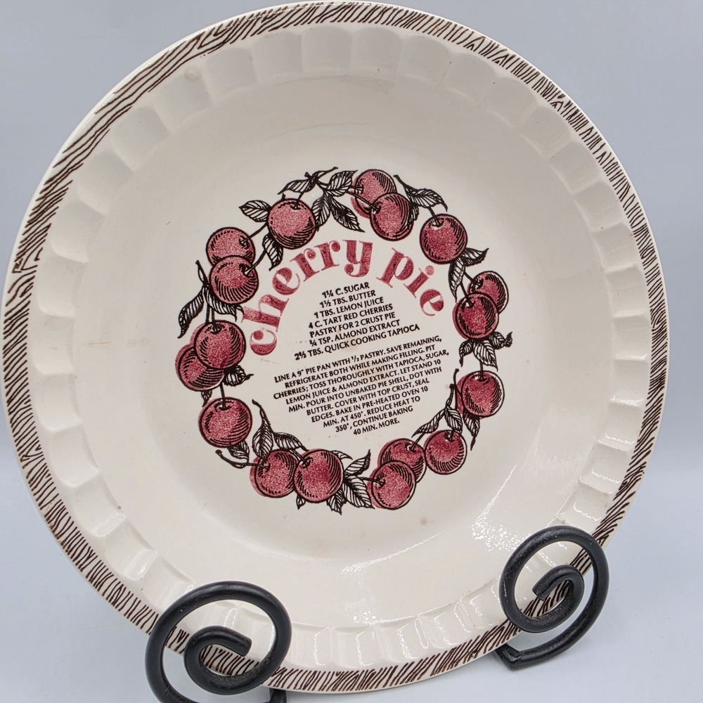Vtg 1983 CHERRY PIE RECIPE Baking Plate Dish 11" Country Harvest USA Cottagecore